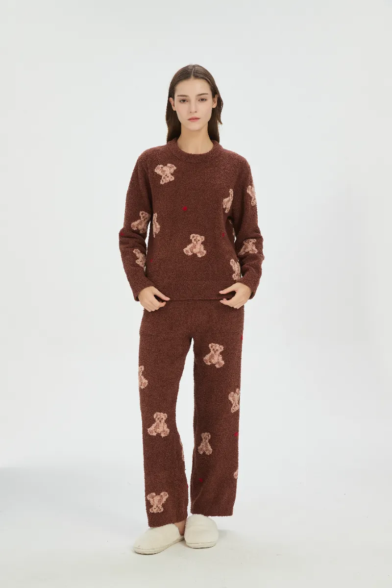 Pijama de lã macia marrom para mulheres Pijama de lã macia marrom para mulheres