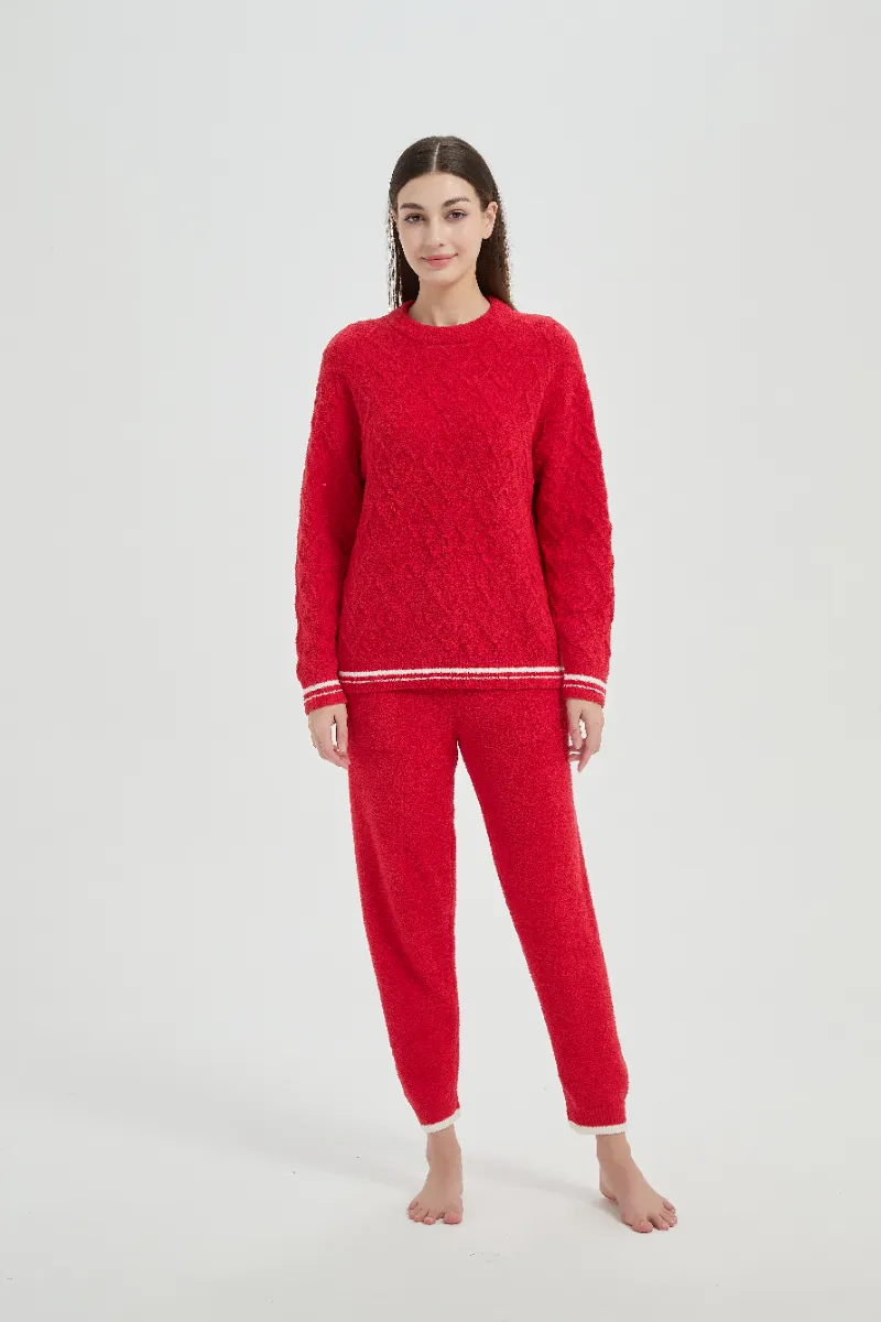 Conjunto de pijamas de lã femininos vermelhos de pelúcia com ajuste solto Conjunto de pijamas de lã femininos vermelhos de pelúcia com ajuste solto