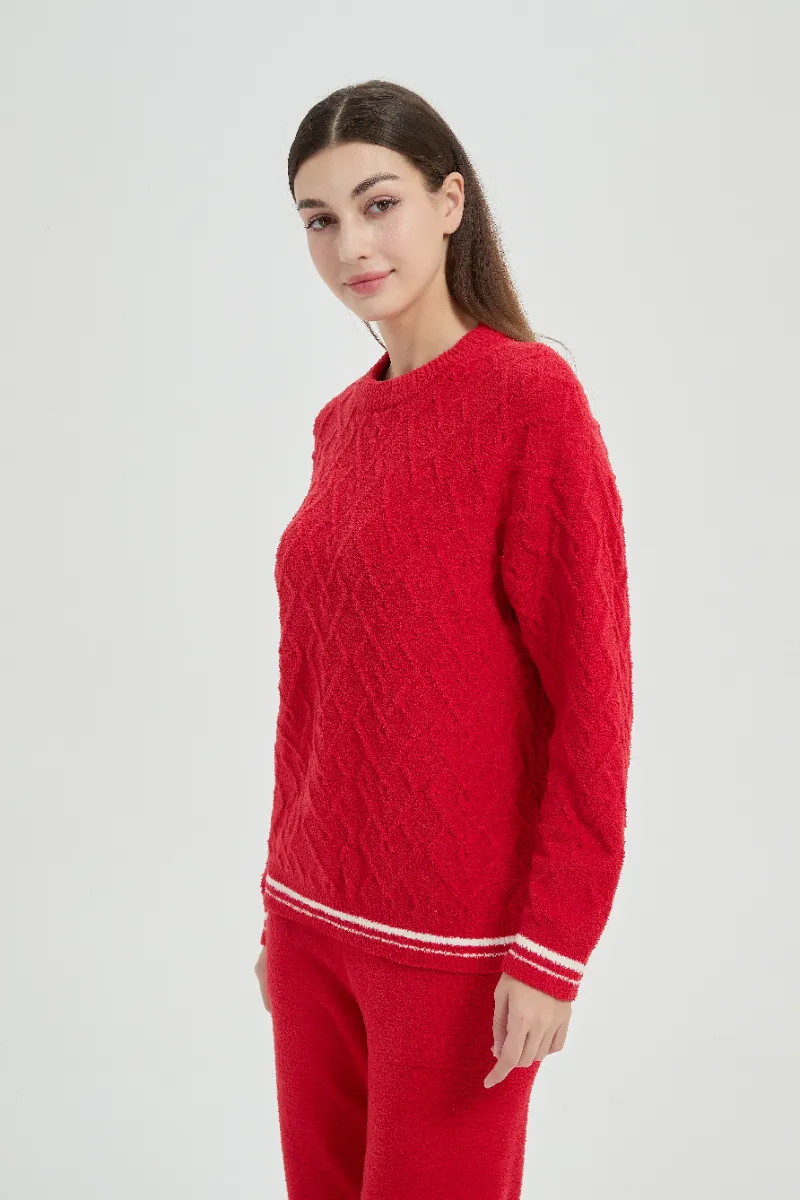Conjunto de pijamas de lã femininos vermelhos de pelúcia com ajuste solto