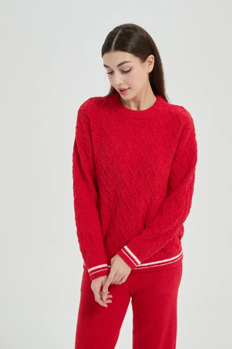 Conjunto de pijamas de lã femininos vermelhos de pelúcia com ajuste solto