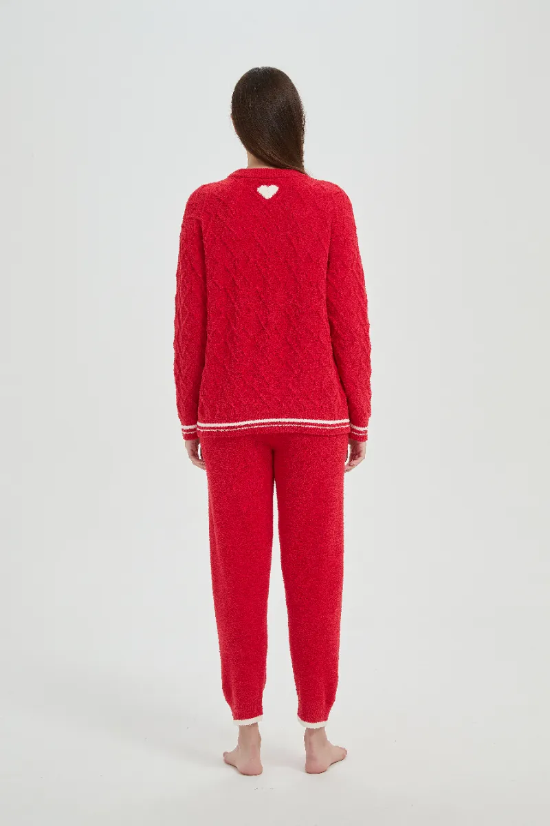Conjunto de pijamas de lã femininos vermelhos de pelúcia com ajuste solto